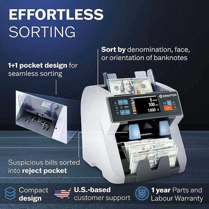 Carnation CR8 Mixed Denomination Money Sorter with Built-in Printer – Bank-Grade Bill Counter with Counterfeit Detection, Serial Number Tracking, Multi-Currency Support & 2 CIS Sensors