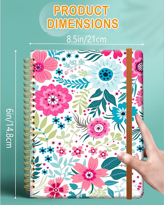 Ruled Spiral Writing Notebook,A5 Hardcover Lined College Journal for Women Lady,Fashion Puppy Watercolor Strong Twin-Wire Binding with Premium Paper,8.4" X 6",Perfect for School,Office,Home Gifts(Colorful Flowers)