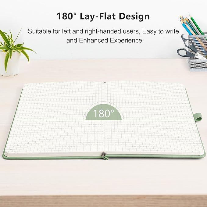 RETTACY Graph Grid Paper Notebook, 192 Pages, A5 Medium Size (5.7'' x 8.3''), 5 Squares per Inch, Leather Hardcover, 100 GSM Thick Paper, for School, Students, Math, Engineering (Light Green)