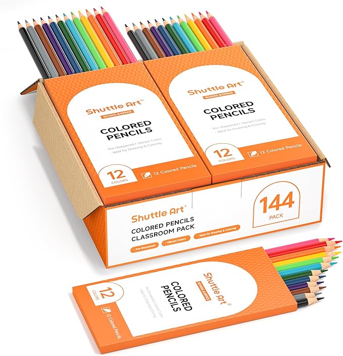 Shuttle Art 144 PCS Colored Pencils Bulk, 12 Assorted Colors, Pack of 12, Break-Resistant, Pre-sharpened Colored Pencils for Kids, Bulk Pack School Supplies for Teachers & Students