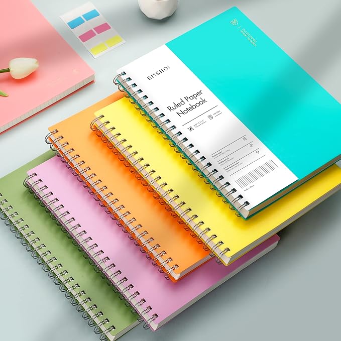 EMSHOI A4 Spiral Notebook College Ruled Lined Journal, 11.2" x 8.27", 300 Pages, 100gsm Thick Paper, Waterproof Softcover, Twin-Wire Binding, Sticky Notes, LightBlue