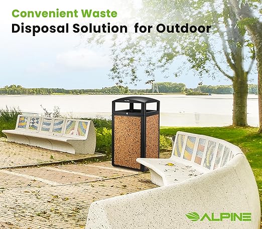 Alpine Outdoor Commercial Trash Can with Lid - 40 Gallon Heavy Duty Metal Garbage Can with Removable Bin, Locking Lid & a Modern Look in Park & High Traffic Areas (Black, Brown Stone Panels with Tray)
