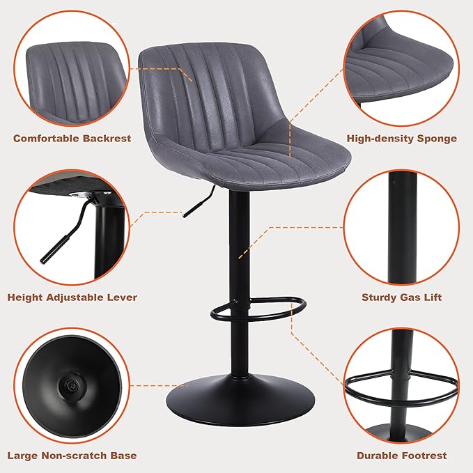 Bar Stools Set of 4, Swivel Counter Height Barstools with Back, Adjustable PU Leather Bar Chairs, Modern Armless Kitchen Island Stool, Dark Grey