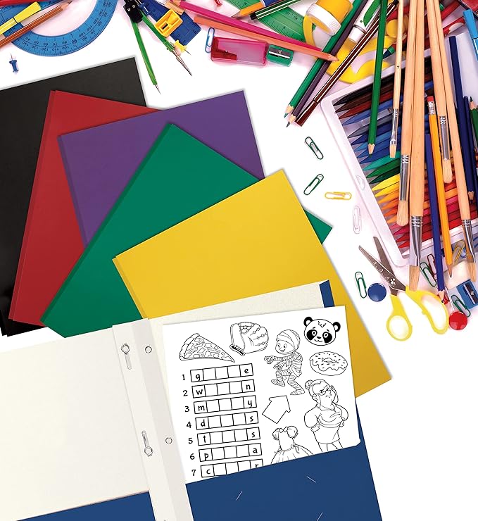 Better Office Products Letter Size Paper Portfolios, Case of 100, Assorted Primary Colors, with Fasteners (Assorted, 2 Pocket Paper Folders)
