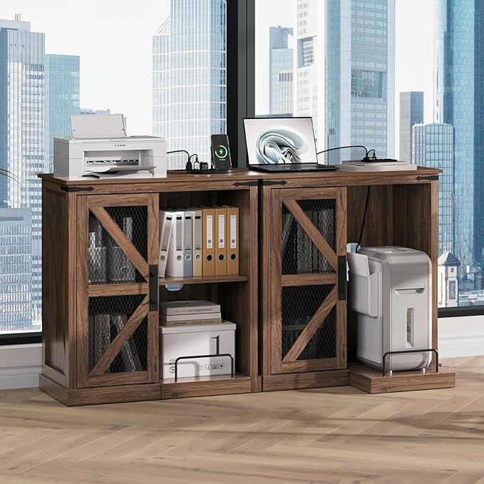 Printer Stand with Storage,File Cabinet with Socket and USB Charging Port,Farmhouse Paper Shredder Stand Rack with Slide-Out Shelf,Walnut