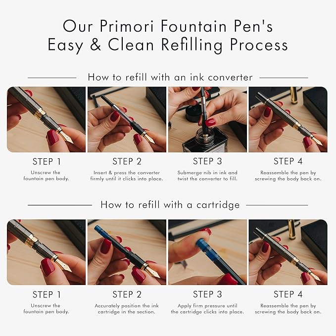 Wordsworth & Black Primori Fountain Pen Set [Gunmetal Gold]; Medium Nib, Gift Case, 24 Ink Cartridges, Refill Converter, Manual; Journaling, Calligraphy, Smooth Writing Pens; Left and Right Handed