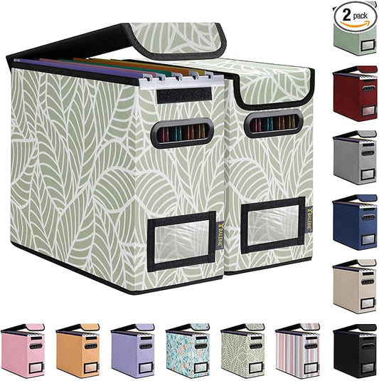 BALEINE File Organizer Box with Lid, Collapsible File Folder Organizer with Plastic Slide, Hanging File Folder Box for Office Document Storage (2 Pack, Antique Foliage, S)