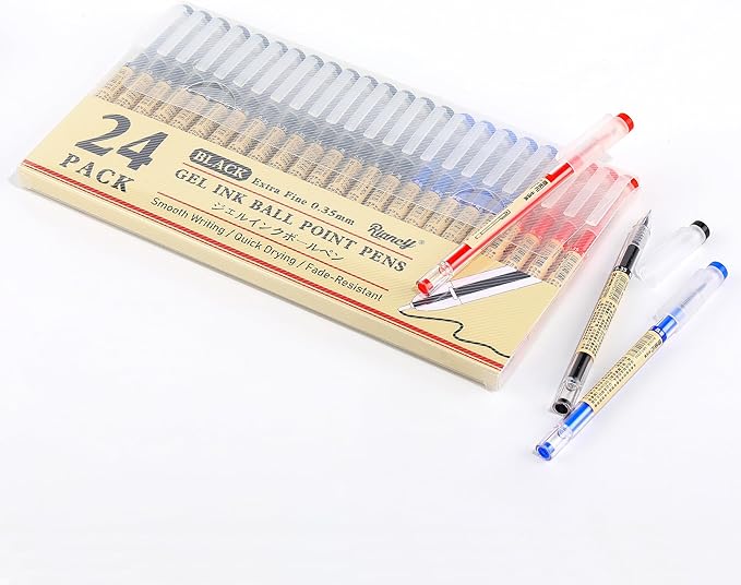 RIANCY Black Blue Red Gel Ink Pens, 0.35mm Extra Fine Point Smooth Writing Rollerball Pens, Japanese Style No Smudge Ballpoint Pen, Quick Drying for Journaling Office School Stationery Supplies 24Pcs