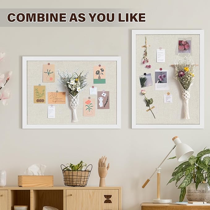 Cork Board Bulletin Board 18" x 24", Large Linen Corkboards with Frame for Walls, Cute Picture Display Pin Board Vision Board for Room School Office Bedroom 20 Pushpins Vintage White