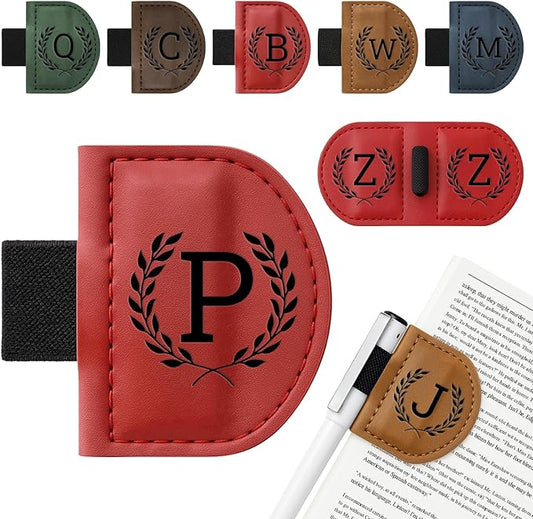 Personalized Bygone Mark Bookmark with Pen Holder,Engraving Leather Magnetic Bookmarks Vintage 26 Letters Name Initials Text Book Marker Clips Gifts for Reading Book Lovers Women (Red, P)