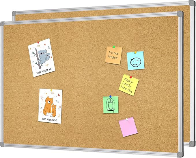 Lockways Cork Board Bulletin Board, 2 Pack Double Sided Corkboard 36" x 24", Wall-Mounted Silver Aluminum Message Presentation Notice Board 3 x 2 Feet