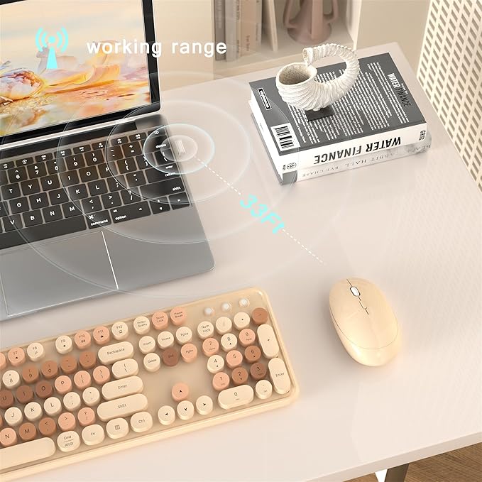 Colorful Wireless Computer Keyboard and Mouse Combo with Round Typewriter Keycaps, Retro Design, Power Switch, Ergonomic Design, 2.4GHz Wireless for Windows, Mac, PC(Milk-Tea Colorful)