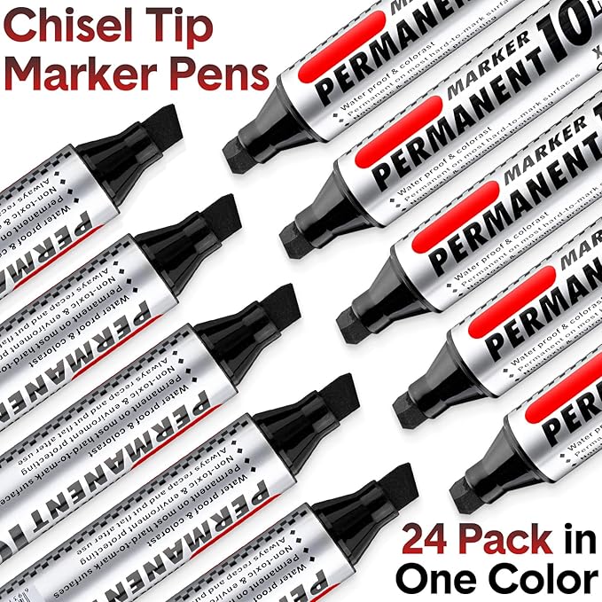 Thenshop 24 Pack Jumbo Size Permanent Markers Bulk Permanent Marker Set Chisel Tip Pens Waterproof for Industrial Use Work on Wood Metal Plastic Stone Glass(Black)