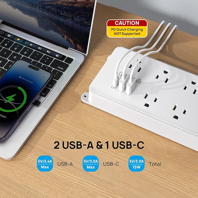 TROND Power Strip Surge Protector, 7 Widely Spaced Outlets with 2 USB A and 1 USB C, ETL Listed 1700J, Wall Mount, Flat Plug 5ft Extension Cord 14AWG Heavy Duty, for Home, Office Garage, White