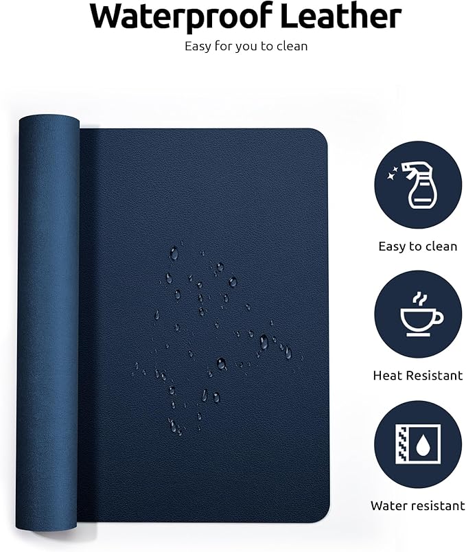 YSAGi Leather Desk Protector, Office Mat, Large Mouse Mat, Non-Slip PU Leather Blotter, Laptop Pad, Waterproof Writing Pad for Office and Home (Dark Blue, 35.4" x 17")