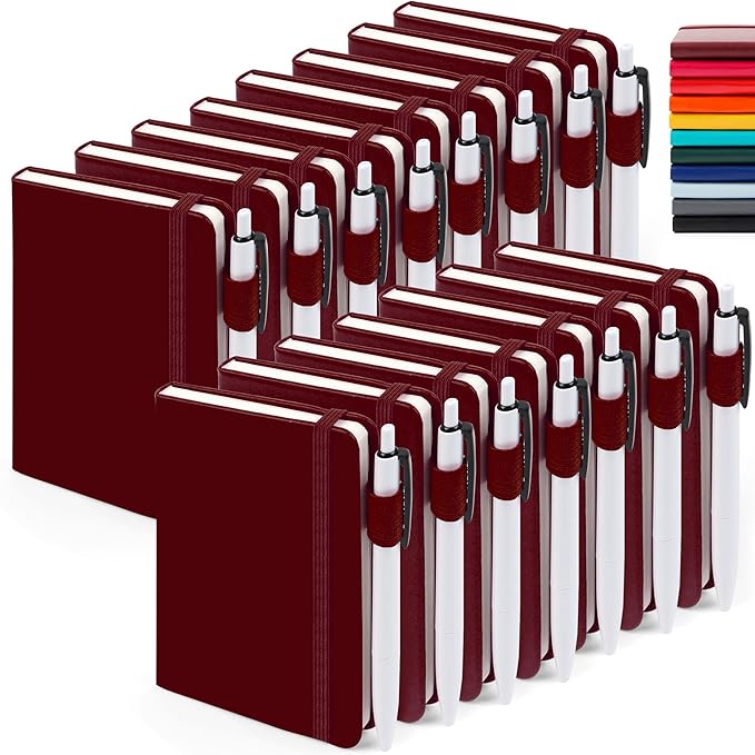 feela 15 Pack Pocket Small Notebooks Bulk, Mini Cute Notepads Hardcover College Ruled Lined Journals with Pen Holder for School Business Memos, with 15 Black Pens, 3.5”x 5.5”, A6, Wine
