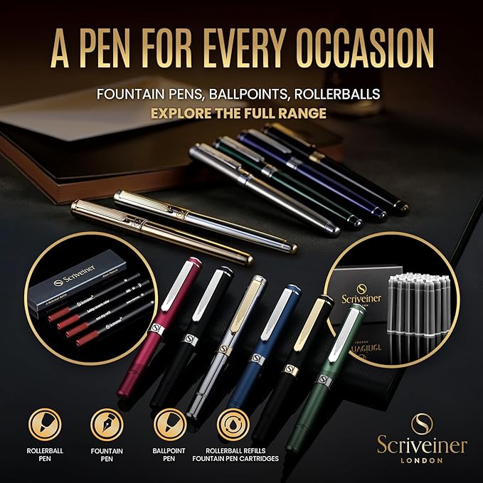 Scriveiner Personalized Black Ballpoint Pen - Stunning Luxury Pen, Jet Black Lacquer, Real Gold Plating, Schmidt Ink Refill, Best Engraved Ball Point Gift Set for Men & Women, Custom Name Engraving