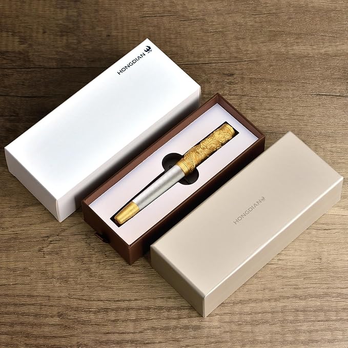 Hongdian A24 Fountain Pen Fine Nib, Snow White & Golden Dragon Stereoscopic Carving Cap Design