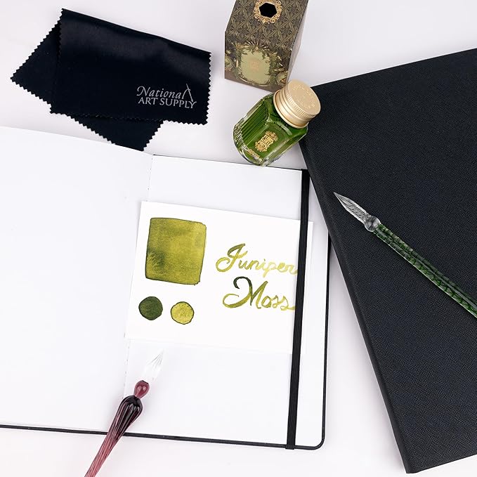 Ferris Wheel Press Juniper Moss 28ml Calligraphy Ink for Calligraphy & Dip Pens - National Art Supply 5x7 Microfiber Cloth - Moss Green with Gold Shimmers - Waterproof Dip Pen Ink for Artists