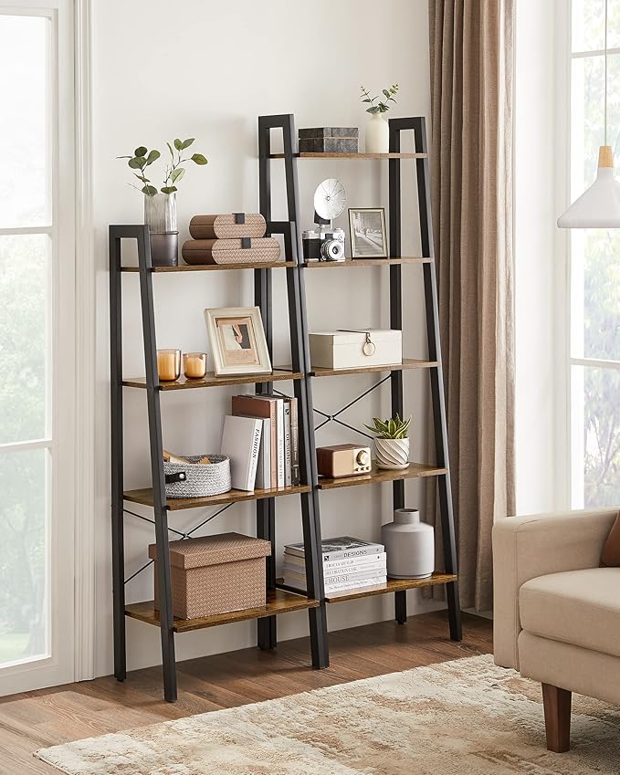 VASAGLE Ladder Shelf, 4-Tier Bookshelf, Storage Rack, Bookcase with Steel Frame, for Living Room, Home Office, Kitchen, Bedroom, Industrial Style, Rustic Brown and Ink Black ULLS44X