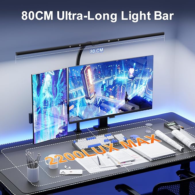 deeloop 80cm Ultra-Long LED Desk Lamps,24W Bright Architect Desk Lamp for Home Office, Infinite Dimming Office Light with Memory Function, Tall Desk Light with Clamp for Reading Working Monitor