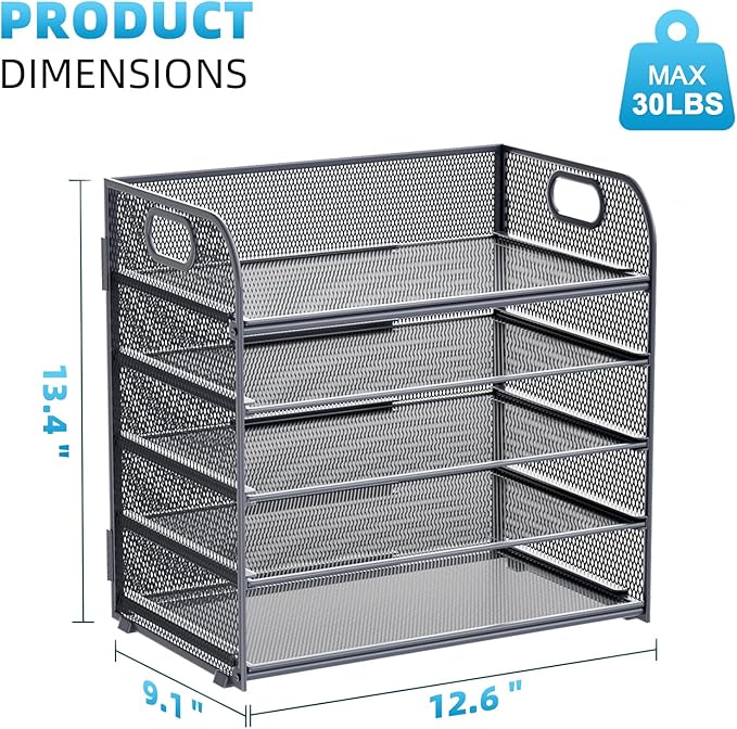 Marbrasse Paper Organizer Letter Tray, 5 Tier Mesh File Organizer with Handle, Paper Sorter Desk Organizer for Home Office Supplies - Grey