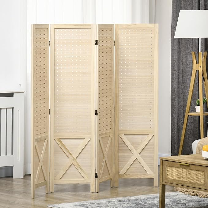 NicBex Room Divider 4 Panel Room Dividers with Pegboard Design Partition Room Dividers and Folding Privacy Screens 4.7 FT Wall Divider for Home, Office, Room Separation,59.75"W x 0.75"D x 57"H,Natural