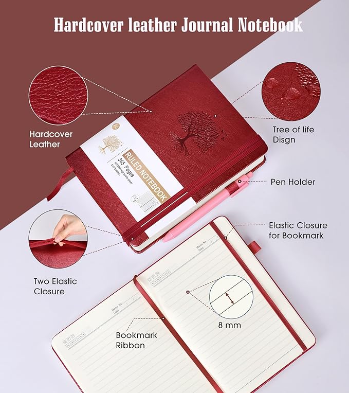 Lined Journal Notebook -365 Pages A5 Thick Journals for Writing Ruled Notebook, Hardcover Leather Journal for Women Men, Daily Notebook for Work, Note Taking, 100Gsm Lined Paper(5.7'' X 8.3'' Wine)