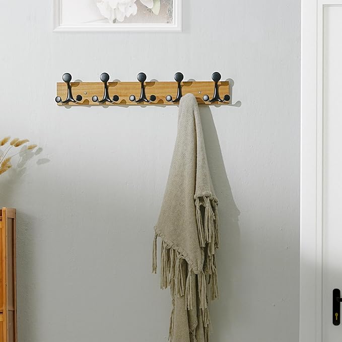SKOLOO 24-Inch Light Brown Wood Coat Rack Wall Mount with 5 Triple Hooks - Ideal for Family Entrances, Classrooms, and Pet Supplies Storage - Perfect Coat Hooks for Wall