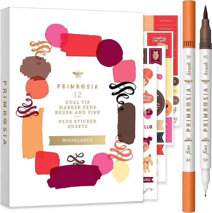 Primrosia 12 Dual Tip Watercolor Marker Pens - Fine Tip & Brush Tips, Professional Quality, 4 x Sticker Sheets, Blendable, Non-Toxic, Perfect for Calligraphy, Drawing & Coloring. (Woodlands)