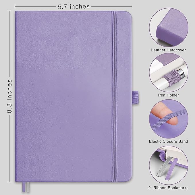 RETTACY Blank Journal Notebook, 2-Pack, 192 Pages per Pack, A5 Medium Size (5.7'' x 8.3''), Leather Hardcover, 100 GSM Thick Paper, for Sketching, Drawing, Painting (Black & Purple)