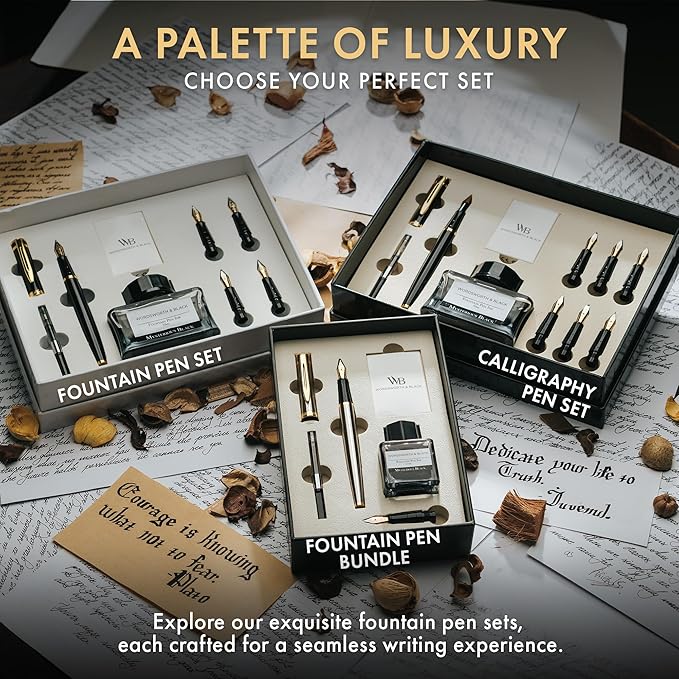 Wordsworth & Black Fountain Pen Set,18K Gilded Medium and Extra Fine Nib,25ML Black Ink Bottle,6 Ink Cartridges,Refill Converter,Gift Box,Smooth Writing Pens [Silver Gold],Gift Set for Men and Women