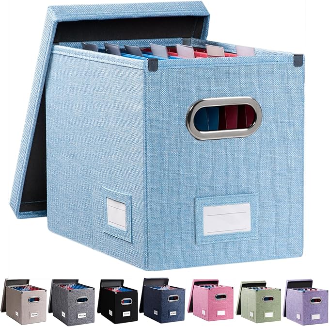 PRANDOM File Organizer Box - Set of 1 Collapsible Decorative Linen Filing Storage Hanging File Folders with Lids Office Cabinet Letter Size Blue (14x9.3x10.8 inch)