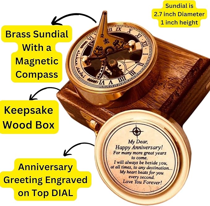 Anniversary Sundial Gift for Him or Her Sundial Clock Compass - Unique Gift for Husband or Wife, Men 1st Wedding Anniversary 50th 40th 25th 20th Year Celebration (Anniversary Sundial Wood Box)
