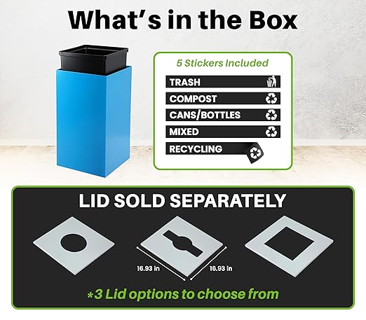 Alpine Commercial Indoor Recycle Bin with Lid - 29 Gallon Blue Recycle Bin Recycle Trash Can Office Recycling Bins, Metal Recycling Container with Stickers & 3 Optional Lids Sold Separately