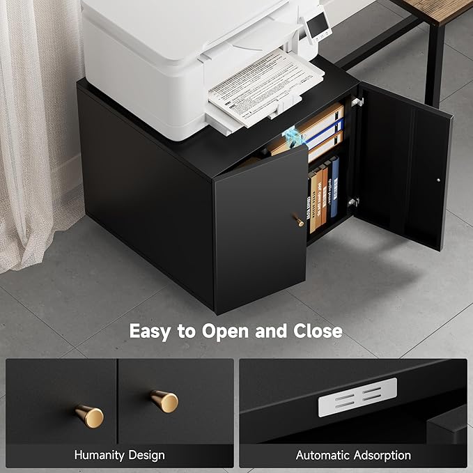 Warmiehomy Metal Printer Stand with Storage Mobile Printer Tables for Small Spaces with Door Adjustable Shelf File Cabinet on Wheels for Home Office (Black)
