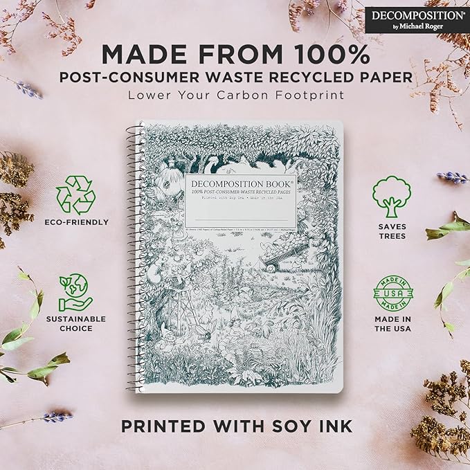 Decomposition 3-Pack Whimsical Garden College Ruled Spiral Notebook - 9.75 x 7.5 Journal, 160 Lined Pages - 100% Recycled Paper - Notebooks for School Supplies, Home & Office - Made in USA