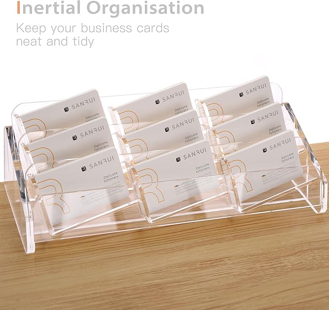 SANRUI Acrylic Business Card Holder for Desk, 3 Tier Clear Tilt Business Name Card Display Holders Stand Storage Organizer Fits 540 Business Cards (Horizontal, 9-Slot)