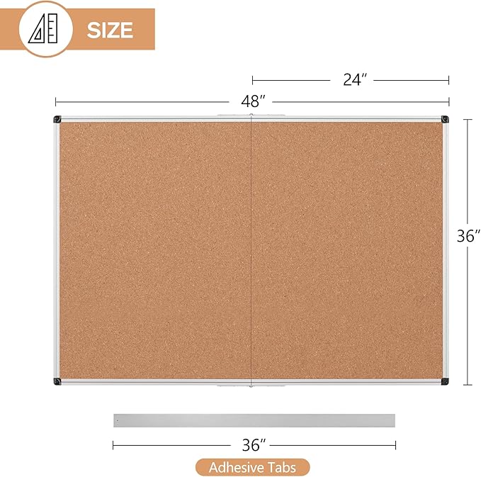 Board2by Cork Board Bulletin Board 36 x 48, Silver Aluminium Framed 4x3 Corkboard, Foldable Office Board for Wall, Large Wall Mounted Notice Pin Board with 36 Push Pins for School, Home & Office