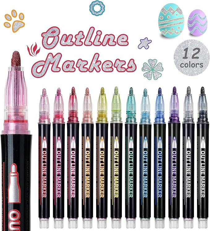 Outline Shimmer Markers, 12 Glitter Metallic Pens Tween Teen Girl Gifts Trendy Stuff 4-16 Year Old, Arts Crafts Kids Ages 8-12, Cool Travel Essentials for Kids Girls Ages 4-8-12-16