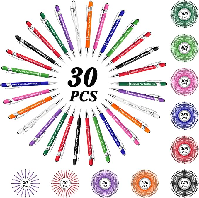 Max 500 Pcs Personalized Pens Bulk, Custom Pens with Free Engraving, Customized Stylus Tip Ballpoint Pen with Your Name Massage Text for School Office Business Graduation Anniversaries-30 Packs