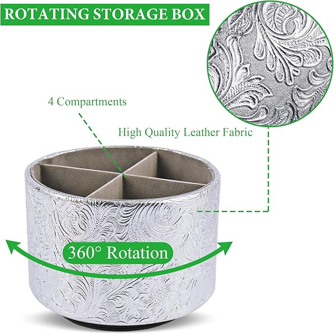lizimandu Round Leather Art Supply Organizer,Remote Control Holder,360 Degree Spinning,Multi-Functional Pencil Holder,4 Compartments Desktop Stationary Organizer(1-Carved Silver)
