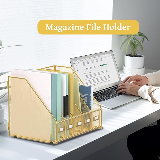 SUPEASY Desk Organizers Metal Desk Magazine File Holder with 5 Vertical Compartments Rack File Organizer for Office Desktop, Home Workspace, Gold