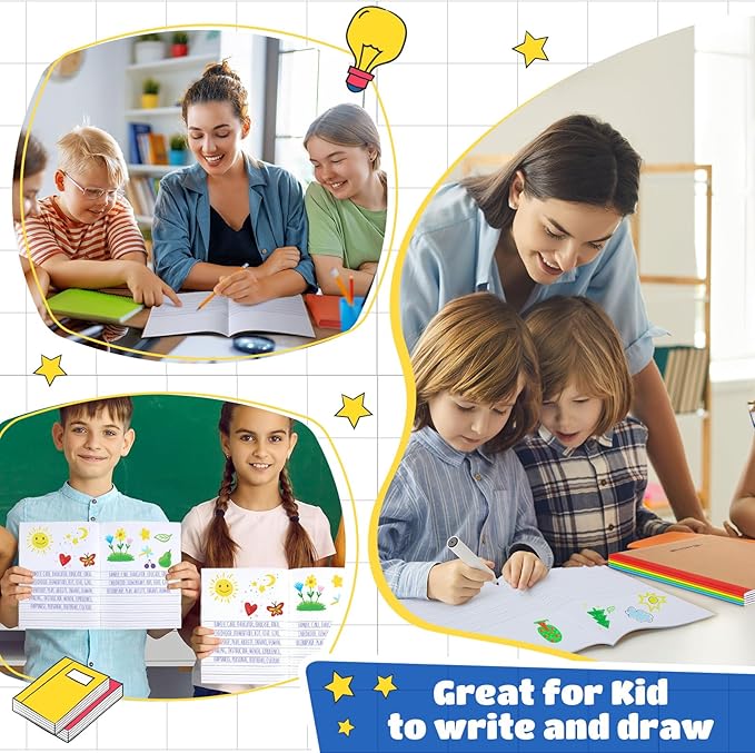 Henoyso 100 Pcs Primary Composition Notebook for Kids 9.75 x 7.5 Inch K-2 Primary Writing Journal with Rainbow Spine 60 Pages Draw and White Journal for Student Back to School Supplies