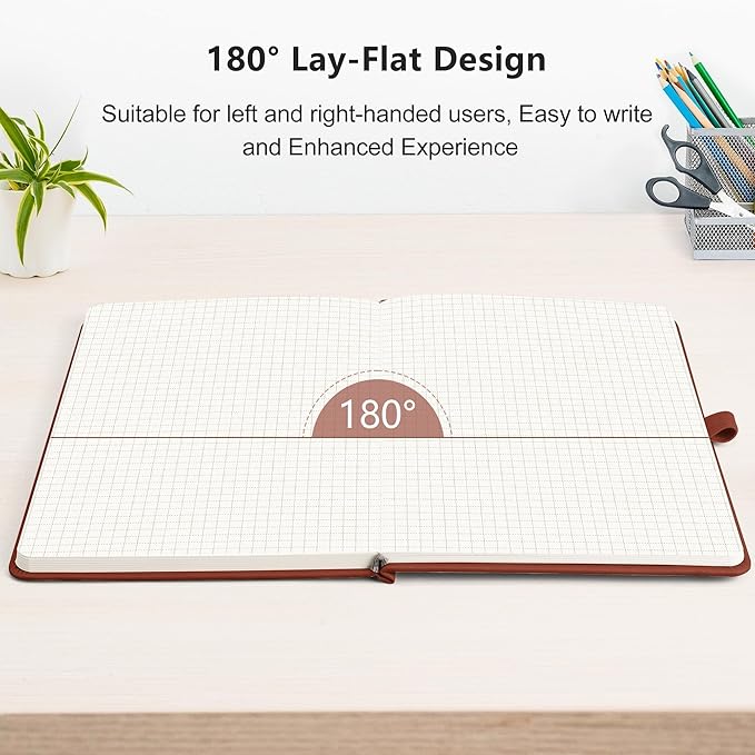 RETTACY Graph Grid Paper Notebook, 192 Pages, A5 Medium Size (5.7'' x 8.3''), 5 Squares per Inch, Leather Hardcover, 100 GSM Thick Paper, for School, Students, Math, Engineering (Brown)