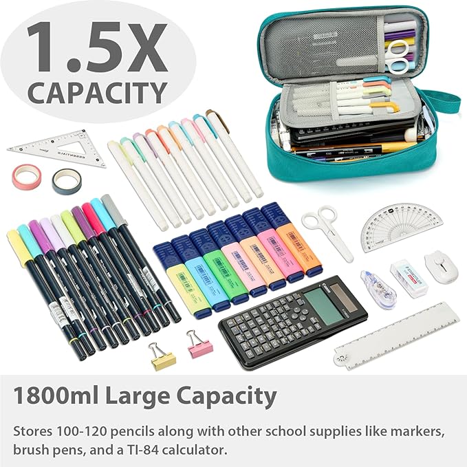 Pencil Case Pouch Box Bag School Supplies Girls Boys Kids, Cute Preppy Stuff Large Big Capacity Aesthetic Pen Organizer, Back to College Stationary, Teal, Classic Stlye, 1800ml