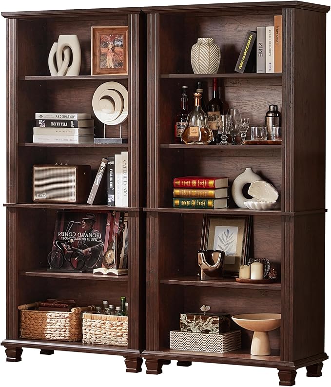 70" Tall Walnut Bookshelf,5 Tier Wooden Book Shelf with Adjustable Shelves & Wood Legs,Free Standing Farmhouse Bookcase with Open Display Storage,Vintage Bookshelves for Classroom, 2PCS