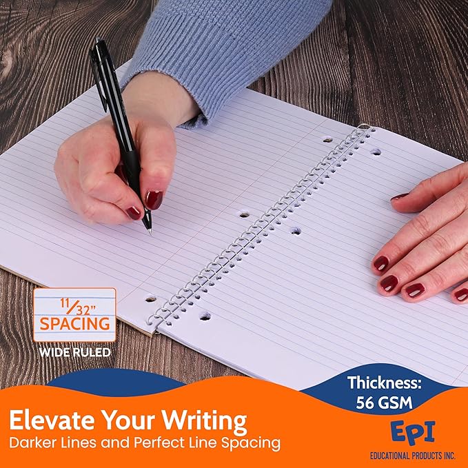 EPI Spiral Notebook | 5 Subject - Wide Ruled - 180 Sheets, Durable Spiral Binding | 10.5 x 8 in | Classroom Supplies | School, Office, Note Taking, Journaling - 12 Pack