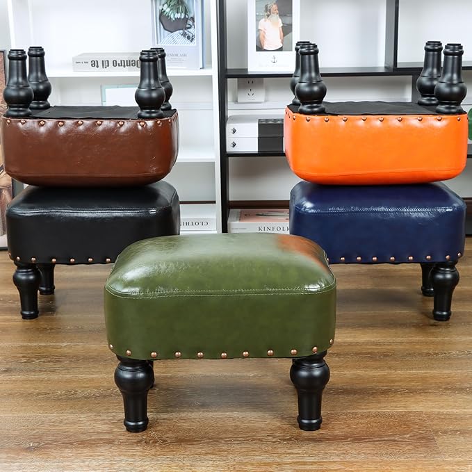 Ottoman Leather Foot Rest with Thicker Foam Padded Seat, Footstool with Wooden Legs (Green)