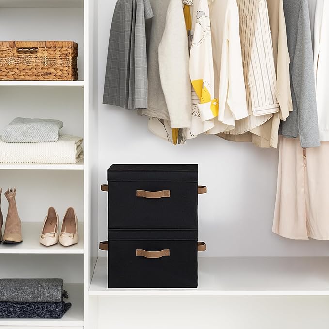 StorageWorks Fabric Storage Bins with Lid, Decorative Storage Boxes for Shelves, Stackable Closet Organizer Basket with Handles, Large, Black, 2-Pack